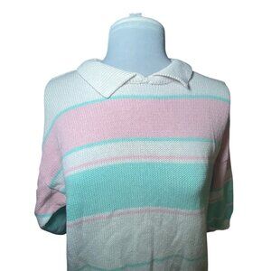 Vintage Striped Knit Collared Sweater White Pink Mint Pastel Size M Retro